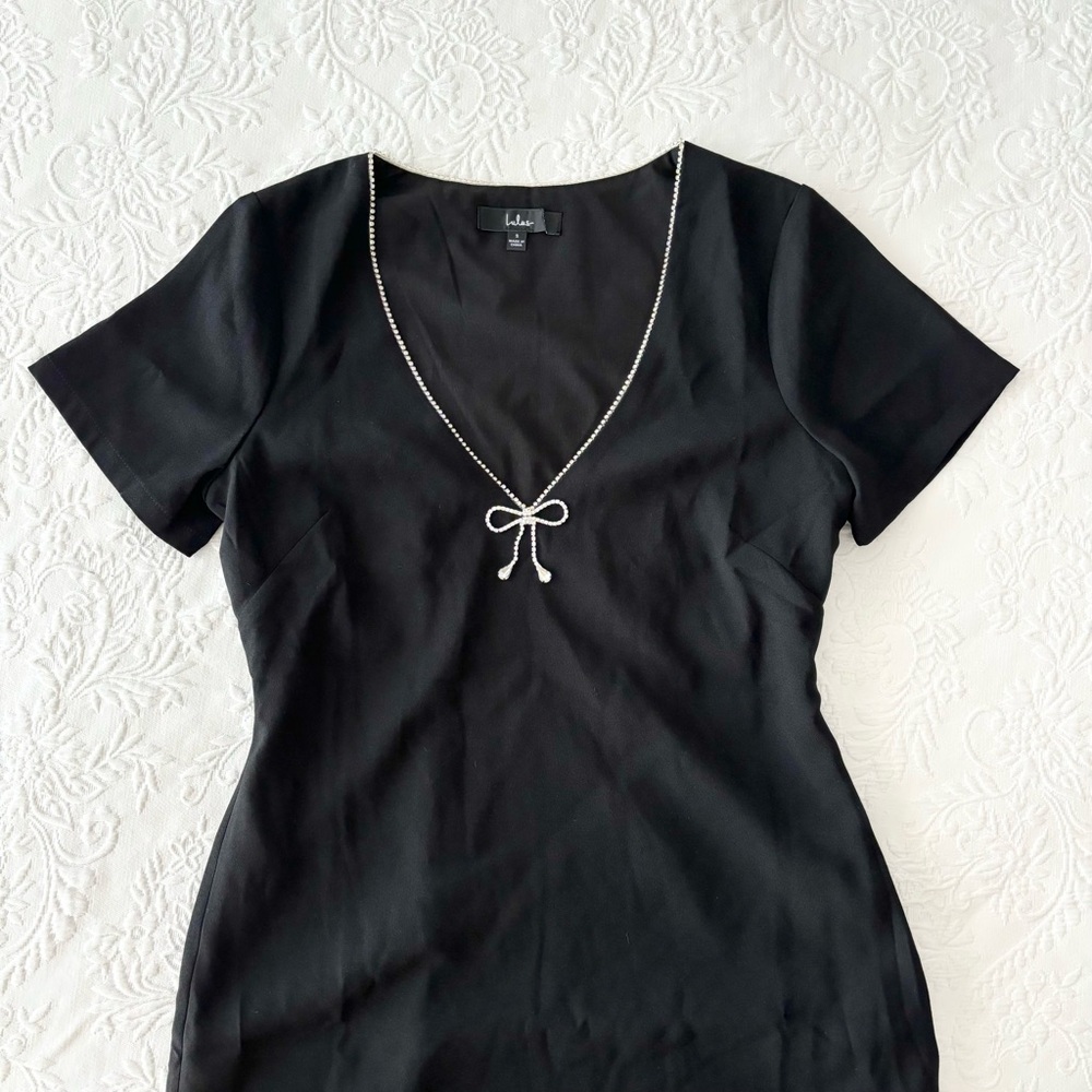 NWOT Lulus Charming Sparkle Black Rhinestone Bow Short Sleeve Mini Dress Small - Picture 3 of 8